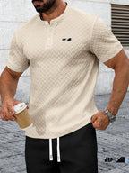 Men's Summer Casual Textured Short-Sleeve T-Shirt, Breathable Textured Jacquard Crew Neck Henley Shirt with Buttons, Regular Fit Suitable for Outdoor and Daily Wear, Men's Textured Short-Sleeve Henley Shirt - Apricot
