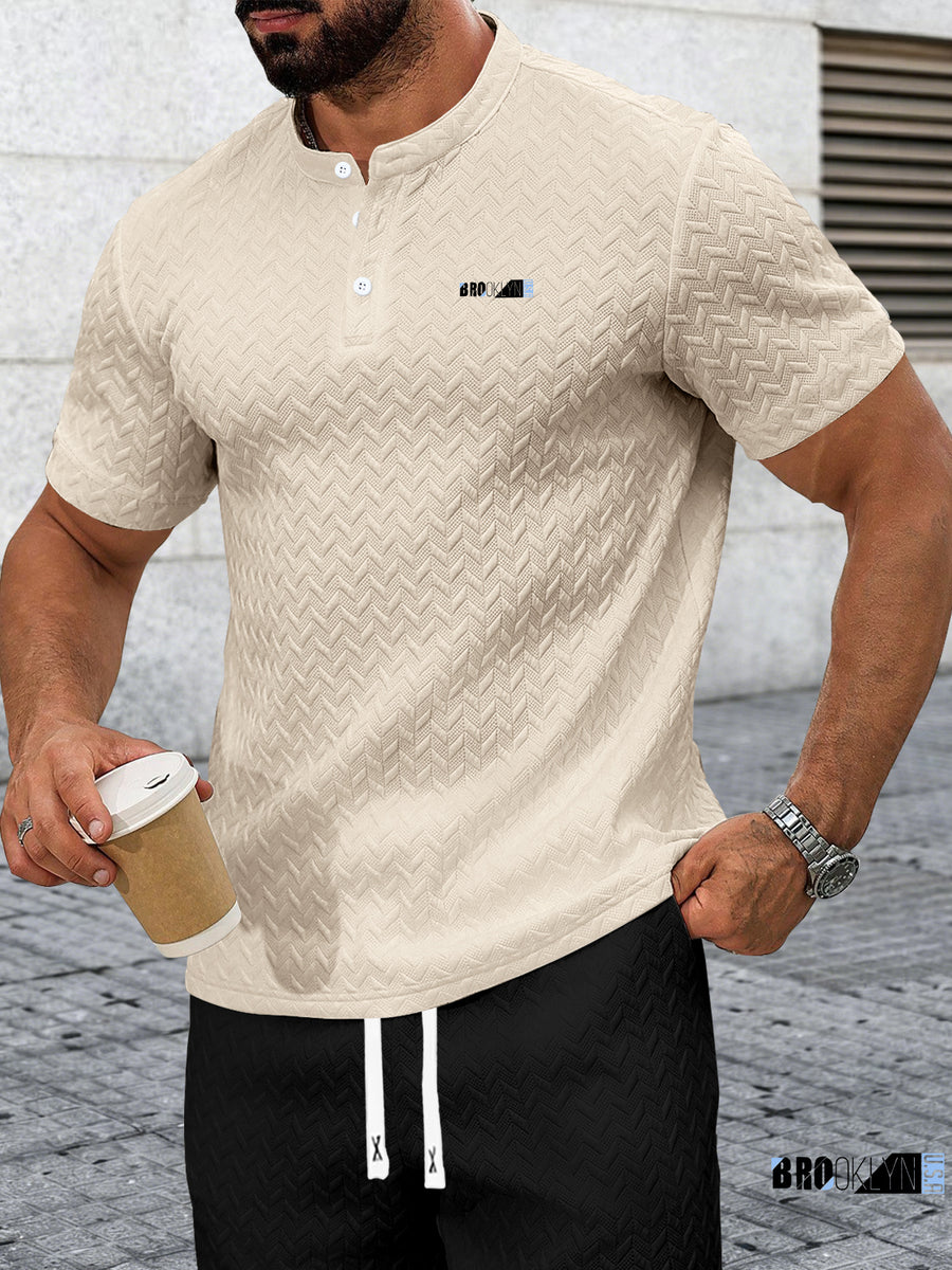 Men's Summer Casual Textured Short-Sleeve T-Shirt, Breathable Textured Jacquard Crew Neck Henley Shirt with Buttons, Regular Fit Suitable for Outdoor and Daily Wear, Men's Textured Short-Sleeve Henley Shirt - Apricot