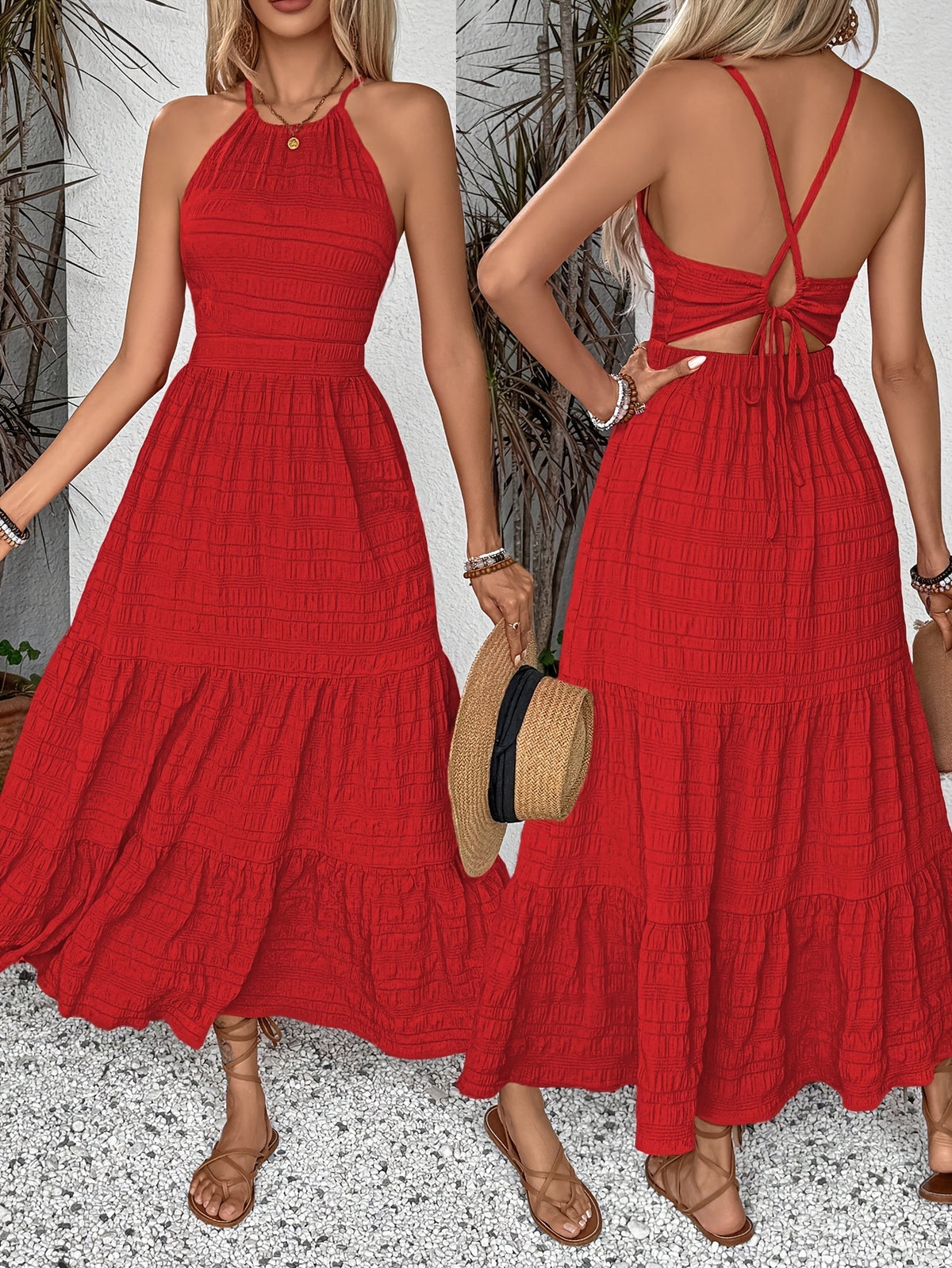 Summer Holiday Vacation Solid Texture Backless Dress, Long Vacation Beach Maxi Dress - Red