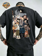 Warner Bros Official Men's Washed Pure Cotton Short-Sleeve T-Shirt, Featuring a Classic The Hobbit and Dwarves Team Anime Print on the Back, and a Circular Group Portrait Design of Characters on the Front Chest. Rich in Detail, It Showcases an Epic - Black