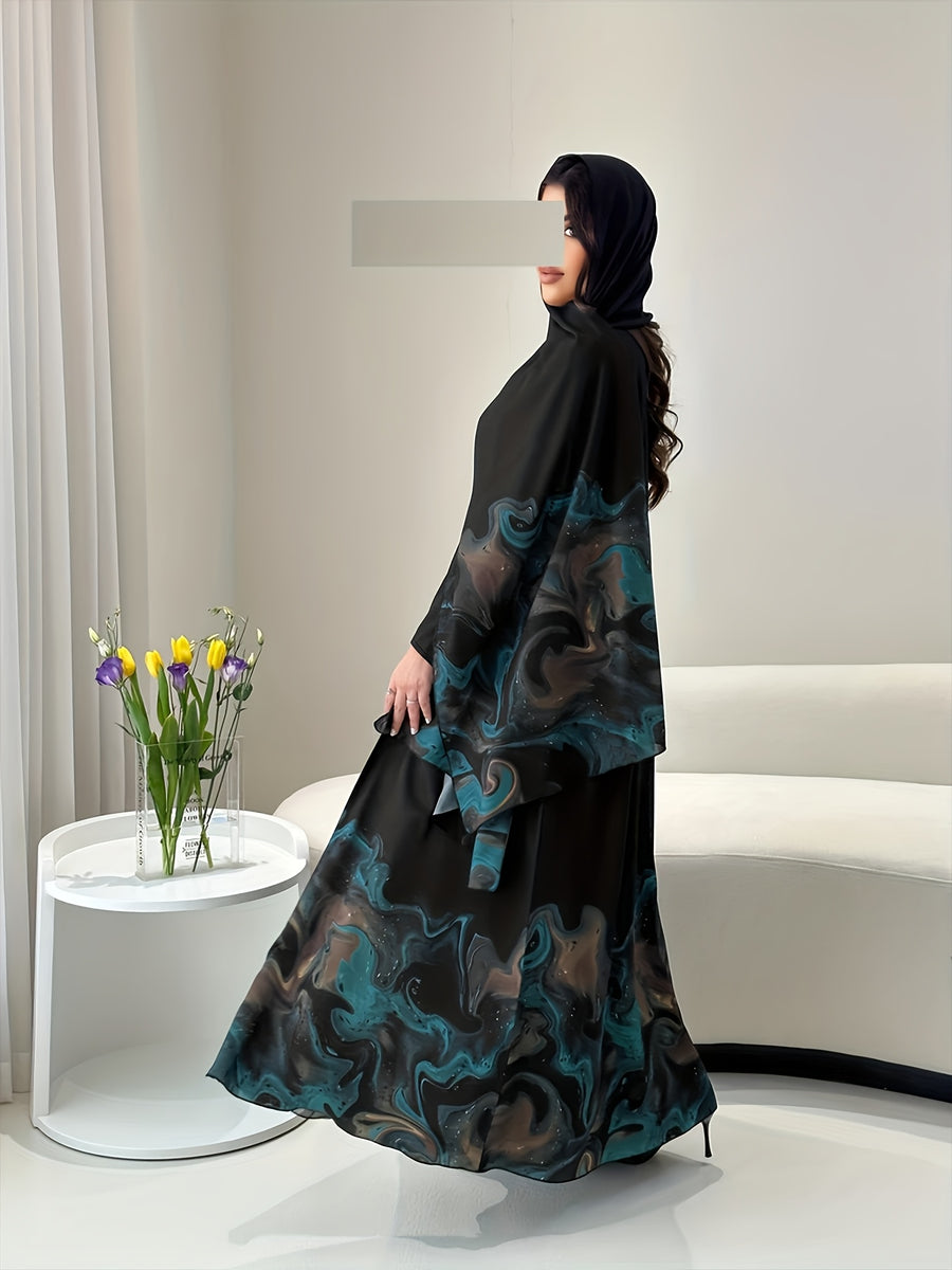 Muslim Saudi Traditional Women's Clothing, Middle Eastern Spring/Autumn New Arrival, Loose Festival Party Open-Front Robe, Ramadan, Eid Al-Fitr, Eid Al-Adha, Long-Sleeved Elegant Ethnic Style Floral Print Cardigan Dress with Headscarf, 1 Summer - Black