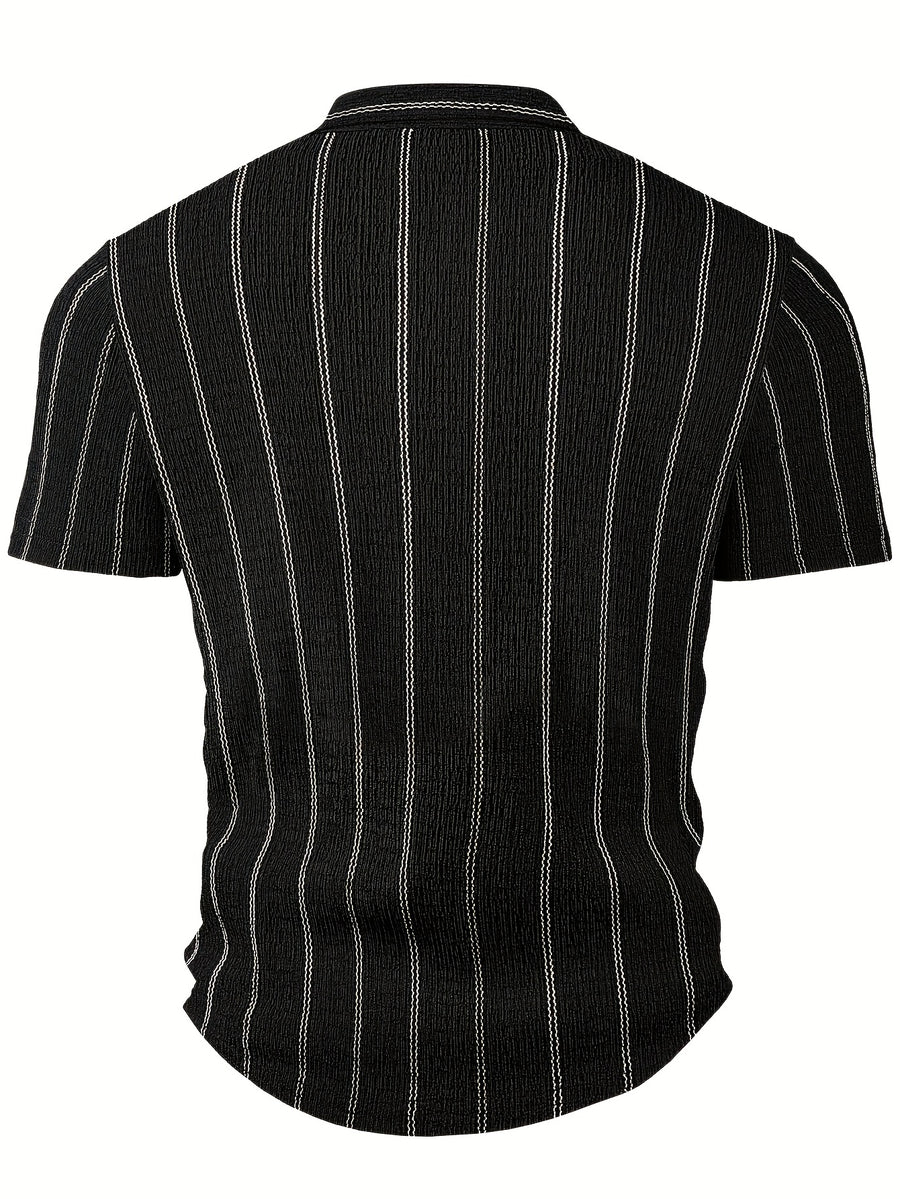 Men's Fashion Top, Spring/Summer Outdoor Casual Striped Sporty Single-Breasted Short-Sleeve Henley Shirt - Black
