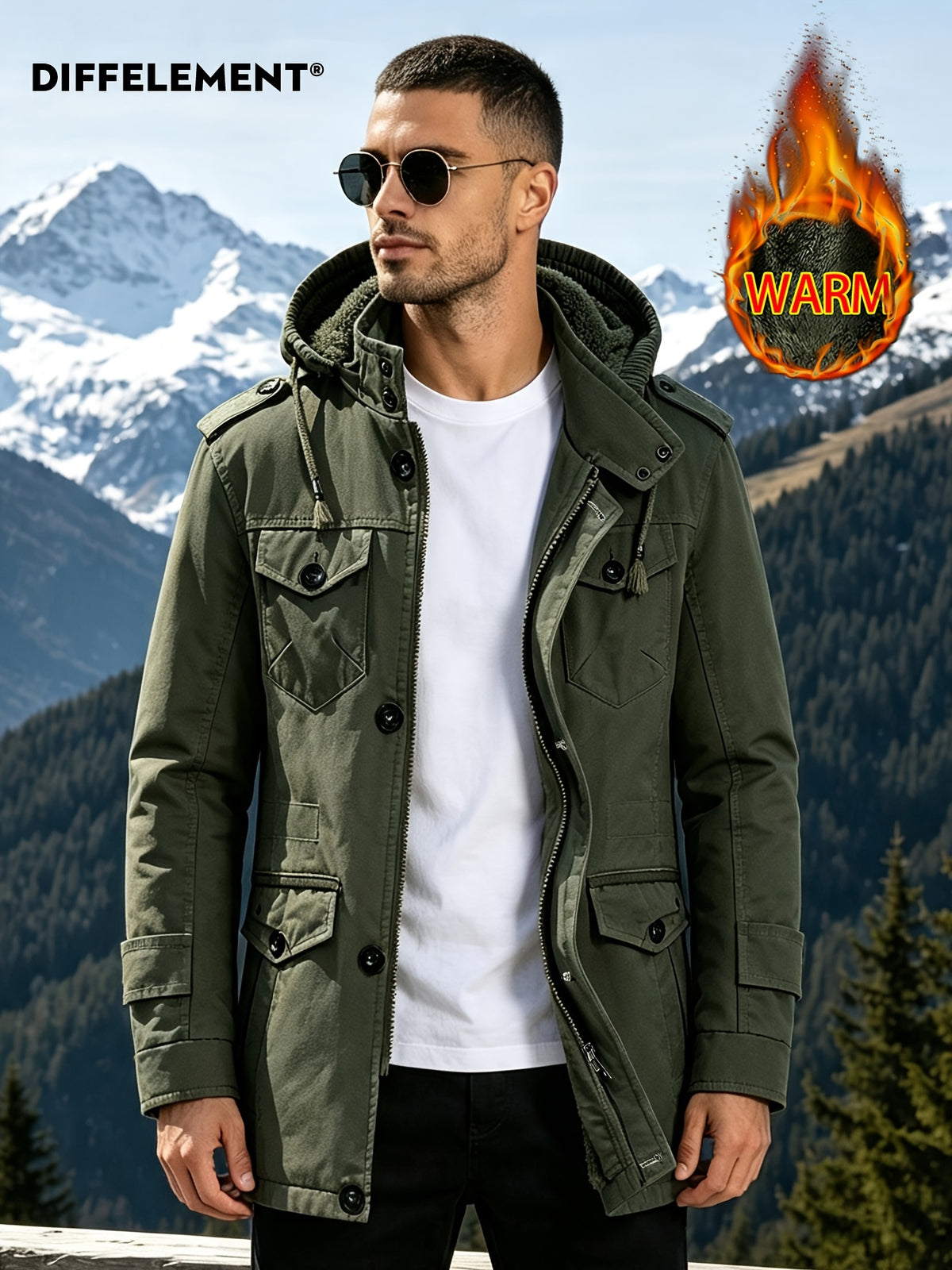 DIFFELEMENT Men's Outdoor Workwear Style Mid-Length Hooded Parka Coat with Fleece-Lined Thickened Lamb's Fleece Interior, Hood, Zipper, Button Double Front Closure, Windproof Multi-Pocket Design, Cold-Resistant, Wear-Resistant, and Warm Padded Coat - Military Green