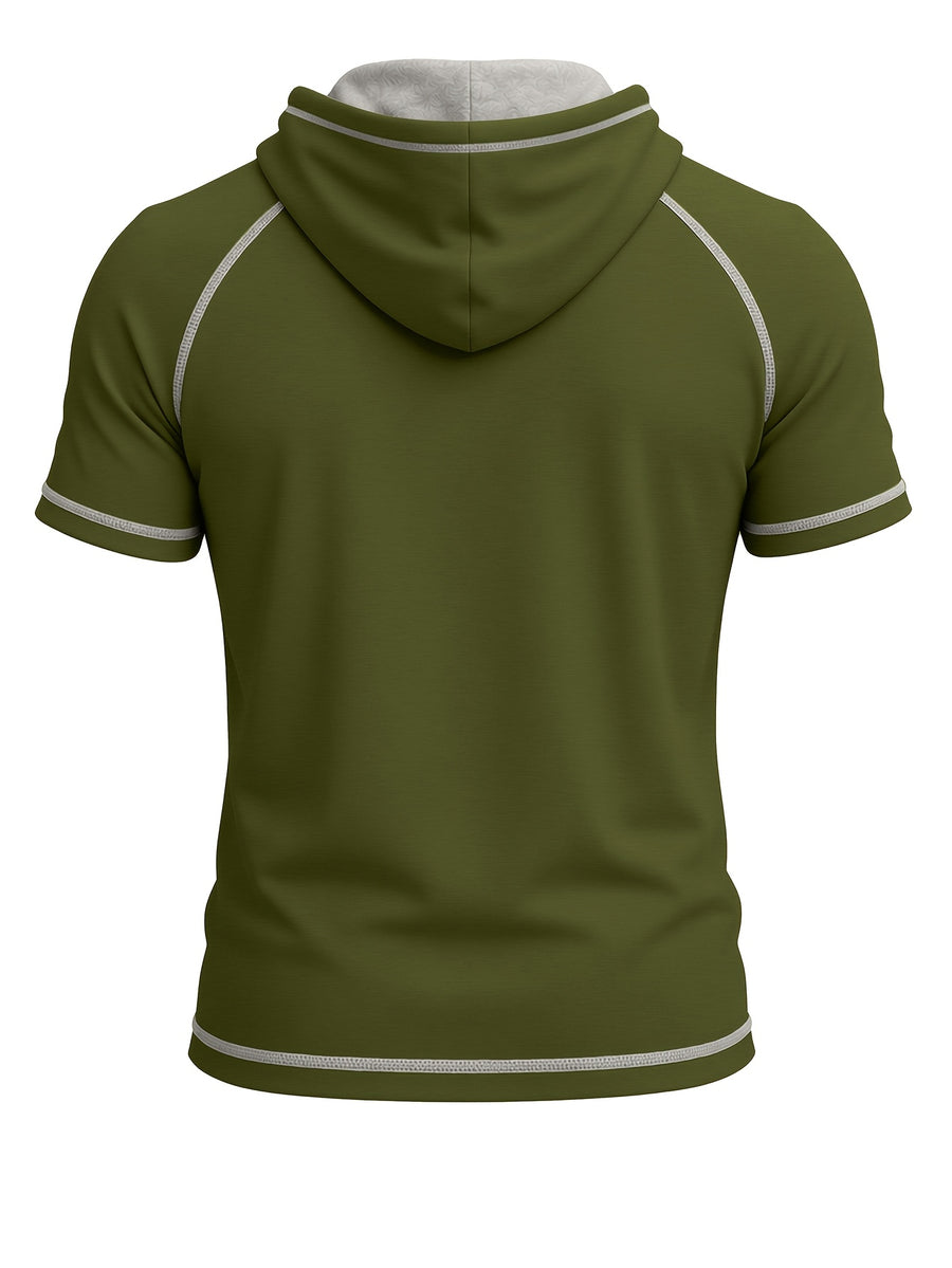 Summer Cross-Border Western Men'S Hooded Short-Sleeve T-Shirt, Color-Block Foreign Men'S Athletic Top - Military green