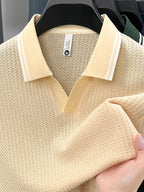 Men'S Scissor Collar Sweater, Summer Short Sleeve Breathable Knit Top, Contrast Striped Collar Design, Casual Knit Top, Summer Thin Breathable V-Neck Short Sleeve T-Shirt, Men'S Top - Khaki