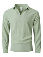 KJ-CX023-YY Old Money Style Men'S Solid Color Henley Lapel Long Sleeve Top V-Neck Pullover Shirt Beach Vacation Casual Shirt Outerwear - Light Green