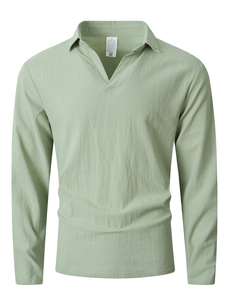 KJ-CX023-YY Old Money Style Men'S Solid Color Henley Lapel Long Sleeve Top V-Neck Pullover Shirt Beach Vacation Casual Shirt Outerwear - Light Green