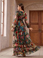 P432 V-Neck Cake Skirt, Multi-Layer Ruffled Flowing Mesh Long Dress, Party Evening Bohemian Style Colorful Women'S Bridesmaid Dress - Multicolor