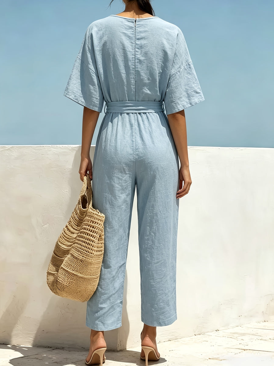 Women'S Solid Color Fashionable Elegant Jumpsuit, Puff Sleeve, Waist Belted Overalls, Solid Fabric, Straight Leg Jumpsuit - Light Blue