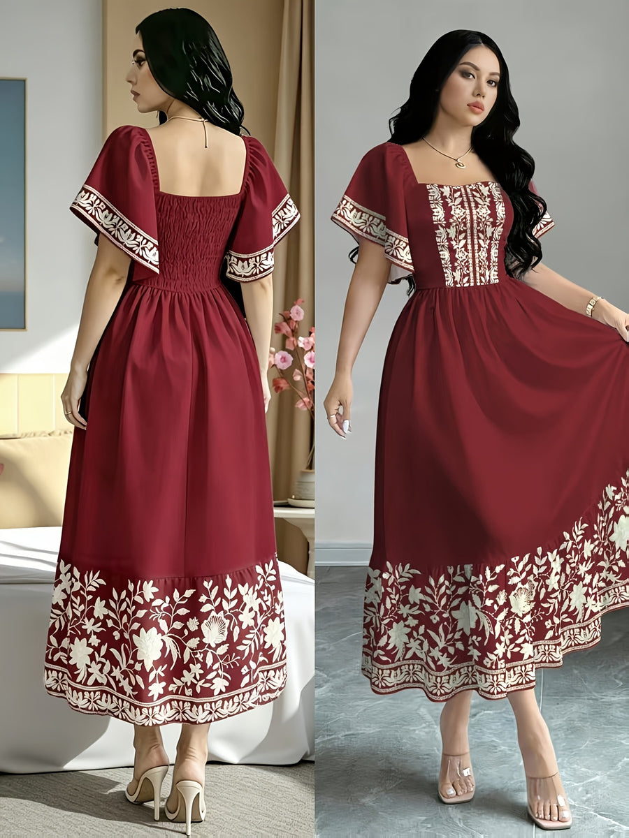 The Summer Floral-Themed Elegant Resort-Style Dress Features a Butterfly Wing Print Design, a Square Neckline And Short Sleeves, Is Equipped with a Waist-Cinching Design, And Has a Moderate Length - Brick Red