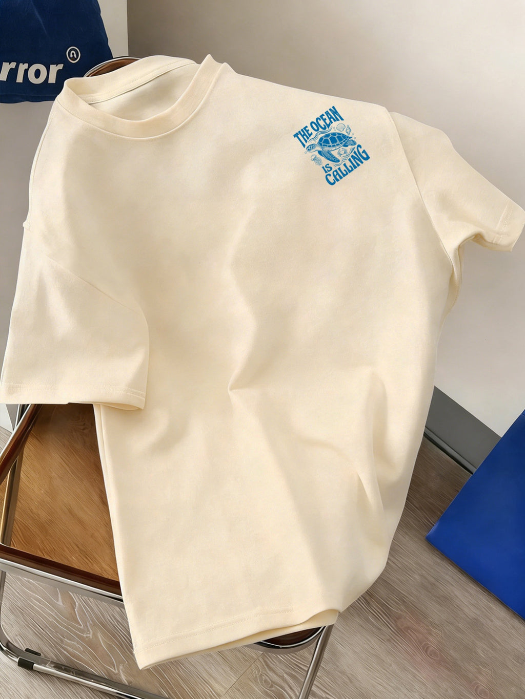 Men's New Style Pure Cotton Short Sleeve Crew Neck T-Shirt with "Ocean Call" Print, Suitable for Vacation, Leisure, Comfortable, Soft, Breathable, Summer Essential - Apricot