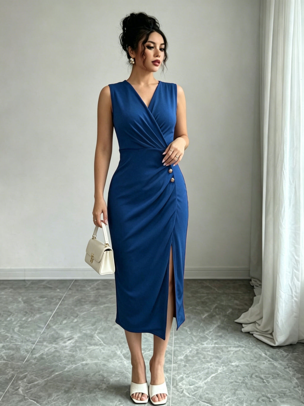 Solid Color Sleeveless Wrap V-Neck Midi Dress, Women'S Ruched Golden Button High Slit Bodycon Dress, Elegant Sheath Dress for Business Office, Party And Daily Formal Occasions - Sea Blue