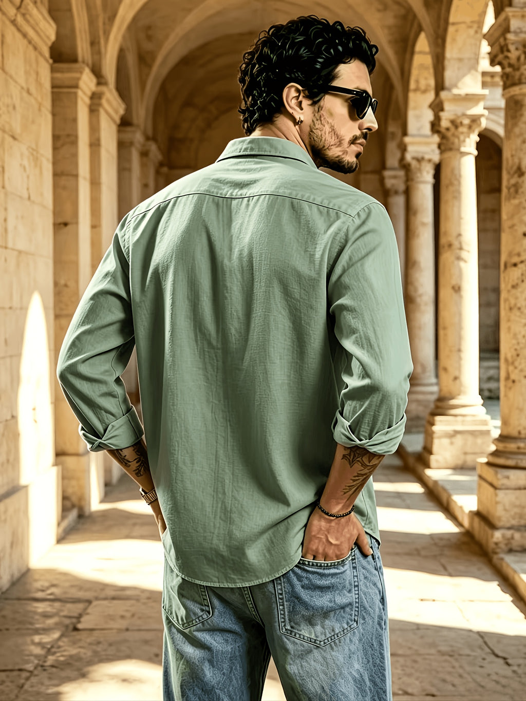 Men's Button Front Long Sleeve Shirts for Summer, Classic Solid Color Lapel Casual Work Shirts, Loose Fit Lightweight Breathable Daily Tops, Vintage Fashion Outdoor Vacation Blouses - fern green