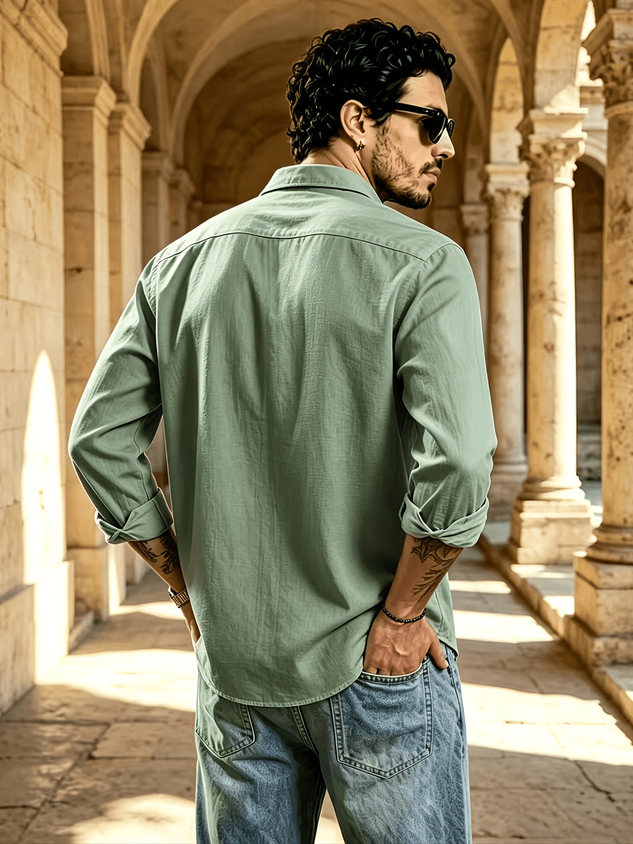 Men's Button Front Long Sleeve Shirts for Summer, Classic Solid Color Lapel Casual Work Shirts, Loose Fit Lightweight Breathable Daily Tops, Vintage Fashion Outdoor Vacation Blouses - fern green