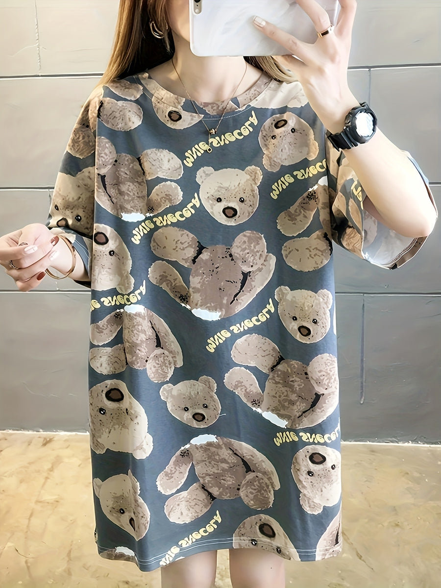 Summer New Large Size Loose Fashion Trend Thin Cartoon Round Neck Print Medium Long Short Sleeve T-Shirt - Light Blue