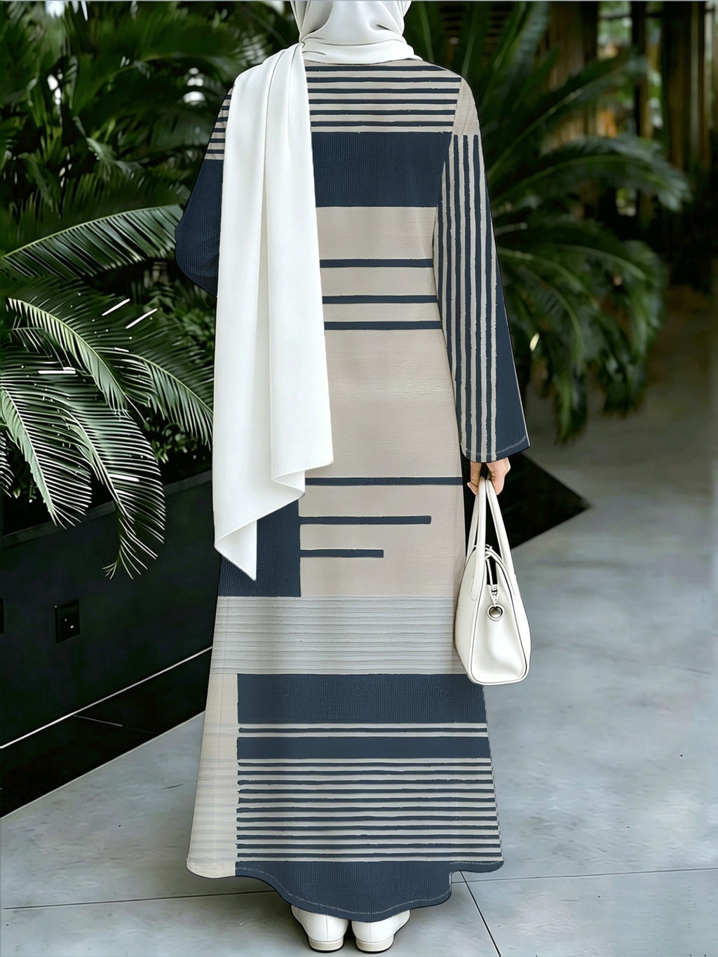 Asian Size 1pc 2D Flat Printed Design Muslim Robe Women's Khaki Grey Plaid Striped Patchwork Long Sleeve Abaya Maxi Dress Daily Commuting and Home Wear - Eid Festival Dress  Prayer, Family Gathering -Comfortable Abayas Robe Middle, 2D Flat - Mixed Color 4