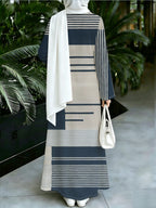 Asian Size 1pc 2D Flat Printed Design Muslim Robe Women's Khaki Grey Plaid Striped Patchwork Long Sleeve Abaya Maxi Dress Daily Commuting and Home Wear - Eid Festival Dress  Prayer, Family Gathering -Comfortable Abayas Robe Middle, 2D Flat - Mixed Color 4