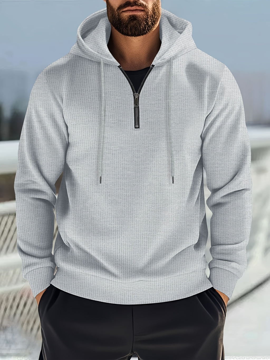 Men's Solid Color Waffle Knit Half-Zip - Lightweight Breathable Half-Zip Hoodie, Long Sleeve Casual Pullover Suitable for Streetwear, Travel, Spring & Autumn Layering, Waffle Texture - Grey