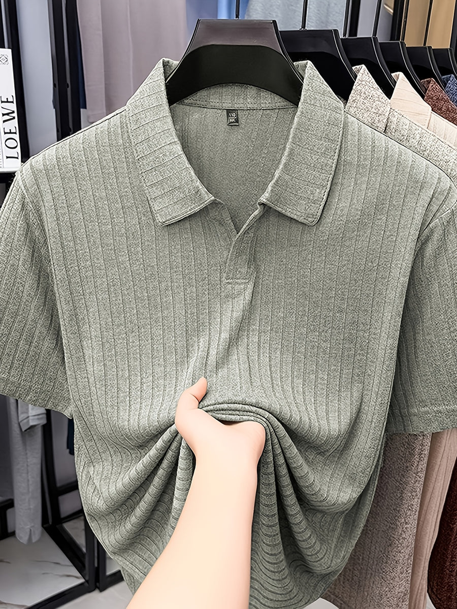 Old Money Aesthetic Vertical Ribbed Polo Sweater, Solid Color No-Button V-Neck Design, Commute Business/Casual Gathering Multi-Scene Short Sleeve Top, Light Athletic Non-Pick Body Men'S Top, Knit - Light Green