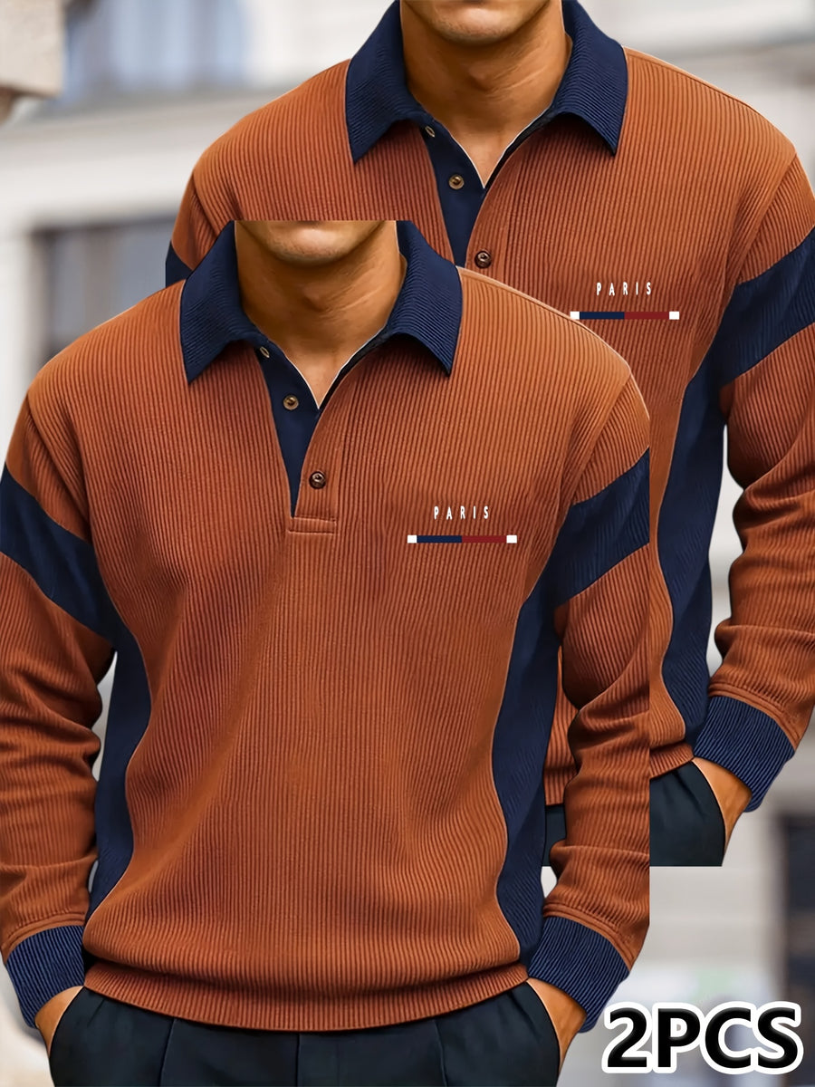Men's Color-Block Spliced Long-Sleeve Polo Shirt Two-pc, Vertical Stripe Texture, Letter Print Lapel Top, Spring/Autumn Business Casual Versatile 2pcs Men's Sweatshirt Set - orange + orange