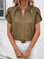 Elegant Petal Sleeve Notched V-Neck Shirt | Solid Color, Suitable for Spring/Summer/Fall - Camel