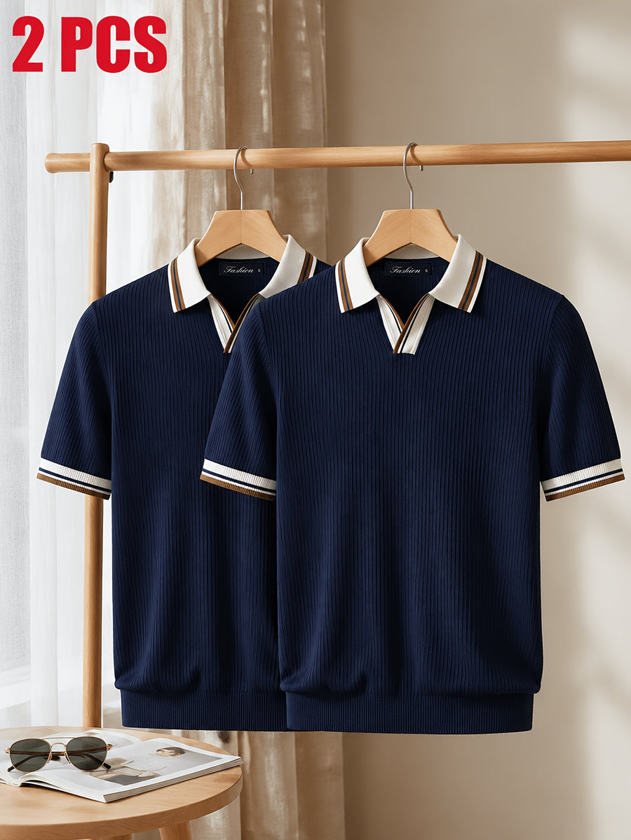 2pcs Men'S Textured Knit Polo Shirt Set, Contrast Striped Lapel V-Neck Breathable Preppy Golf Knit Short Sleeve - Navy Blue+Navy Blue