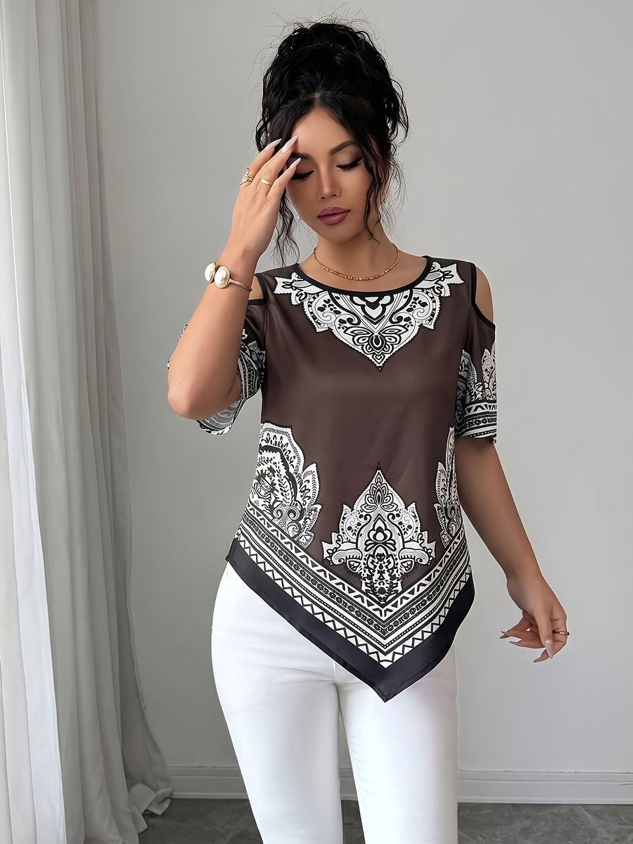 Women's Elegant Asymmetrical Hem Blouse Top - Short Sleeve Round Neck Church Shirt with Asymmetrical Hemline, Black & White Print Suitable for Commuting, Church Events, Casual Outfits, Spring Summer Fall Wardrobe Essential - Brown