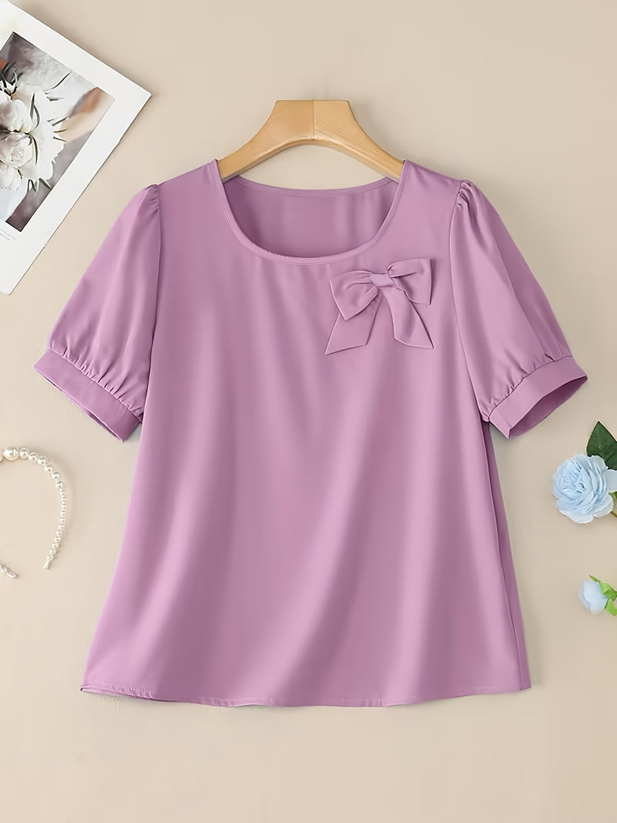 Elegant Casual Square Neck Short Sleeve Shirt with Bow and Puff Sleeves, Solid Color Top - Purple