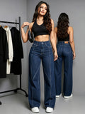 Women's Denim New Casual Fashion Daily Comfort Straight-leg Loose Stretch Blue Women's Jeans - Deep Blue