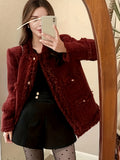 European And American Christmas Carnival Autumn And Winter Wine Red Festive Party Short Slim-Fit Coat Warm Temperament Petite Fashionable Commuter Round Neck Single-Breasted Cardigan Long Sleeves - Burgundy