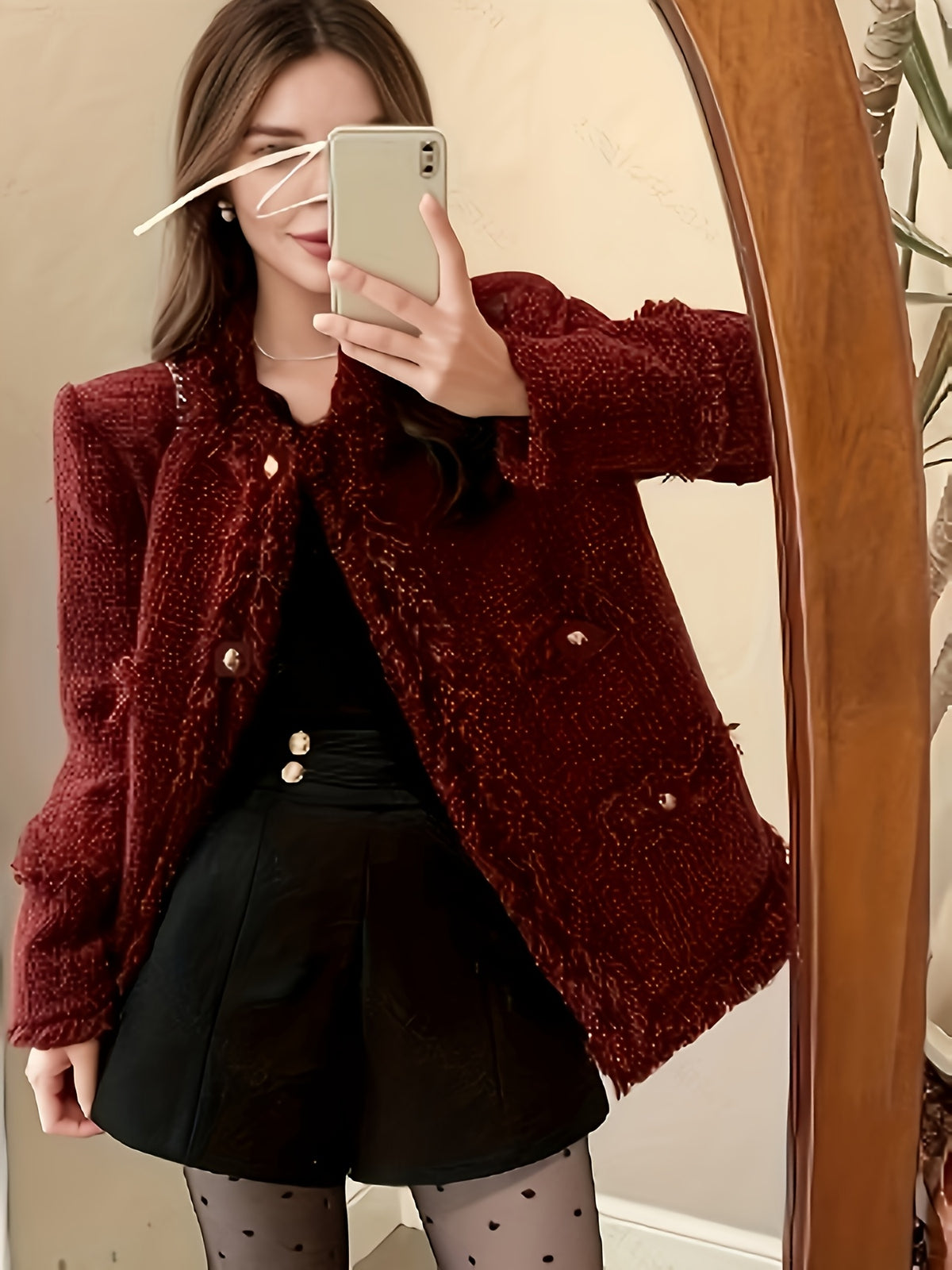 European And American Christmas Carnival Autumn And Winter Wine Red Festive Party Short Slim-Fit Coat Warm Temperament Petite Fashionable Commuter Round Neck Single-Breasted Cardigan Long Sleeves - Burgundy