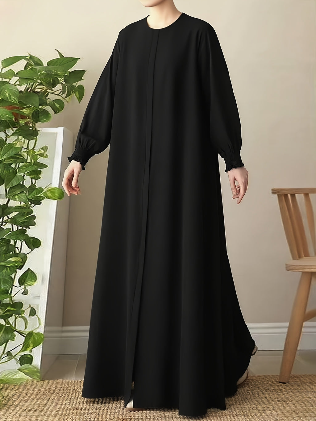 Middle Eastern Muslim Comfortable Solid Color Robe 8358 - Black