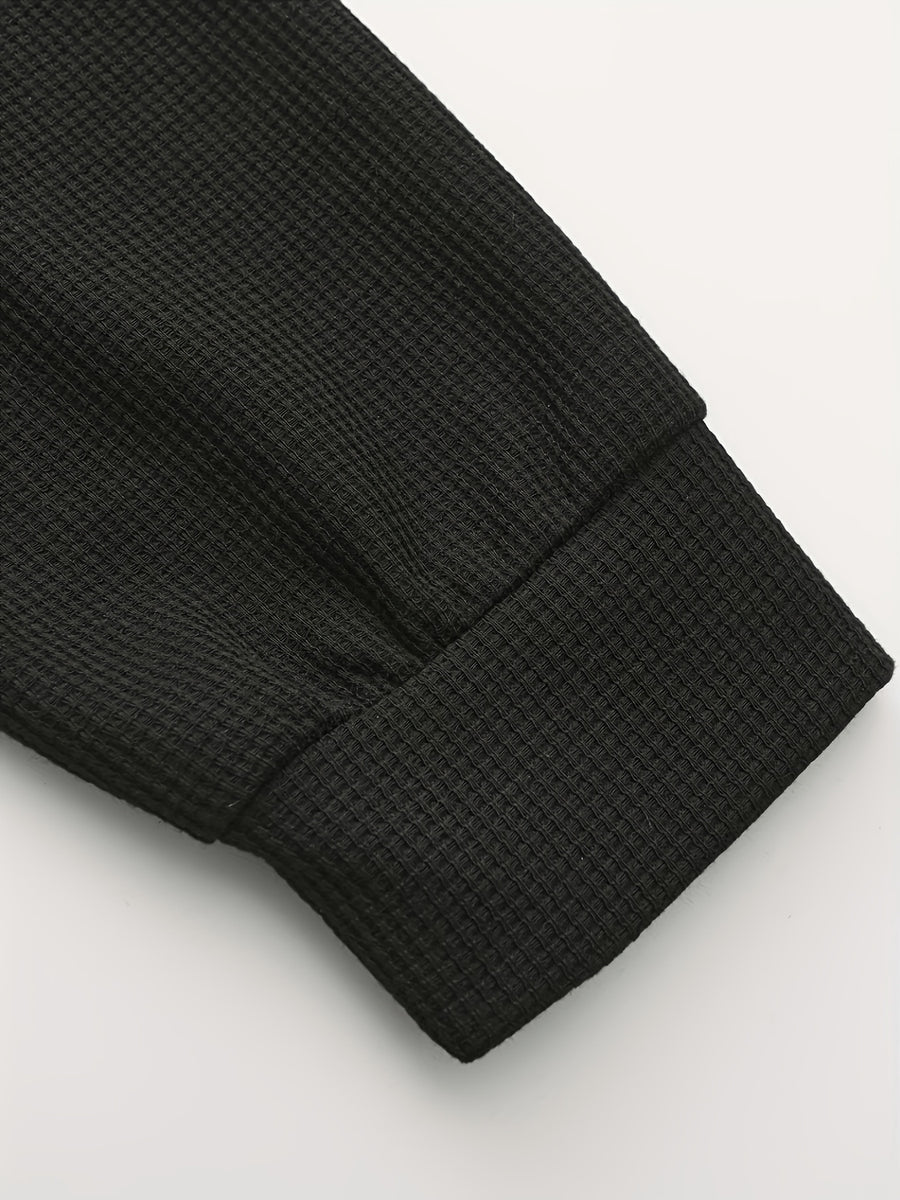 Waffle Knit Jacket, Double Pocket Design, Zip-up Jacket, Sporty Casual Style - Black Black