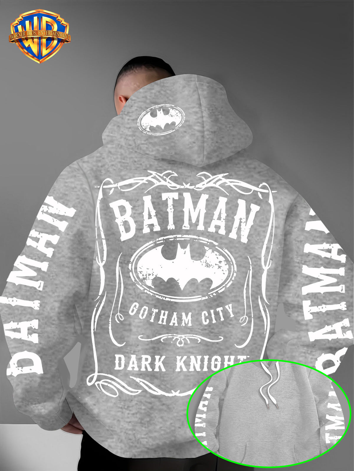 Warner Bros. Authorized American Cool Batman Retro Border Printed Hooded Sweatshirt with Adjustable Drawstring, Comfortable And Warm, Fashionable And Versatile Men'S Casual Sweatshirt, Suitable for Autumn And Winter Wear - Light Grey
