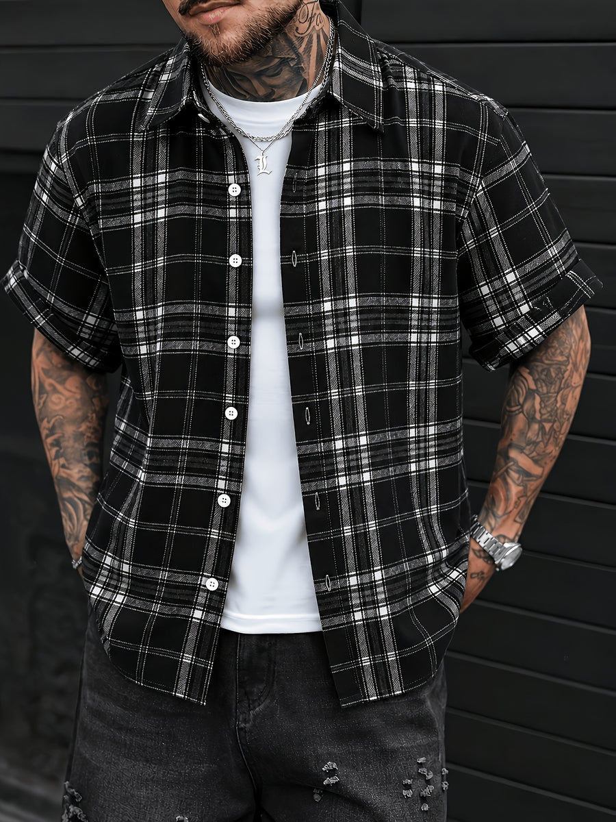 Men'S Casual Preppy Style Plaid Print Basic Color Short Sleeve Collared Shirt, Spring Summer Loose Fit Short Sleeve Checkered Pattern, Button-Front Closure, Classic Collar, Suitable for Casual And Semi-Formal Wear - Black And White Color