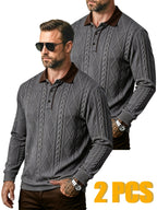 2pcs Men's Fashion Long-Sleeve Polo Shirt | High-End Contrast Color Lapel Jacquard Design T-Shirt | Essential Golf Polo Outfit | Breathable, Warm, Skin-Friendly, and Comfortable | for Indoor Gatherings and Outdoor Sports | Wardrobe Essential Casual - Gray + Gray