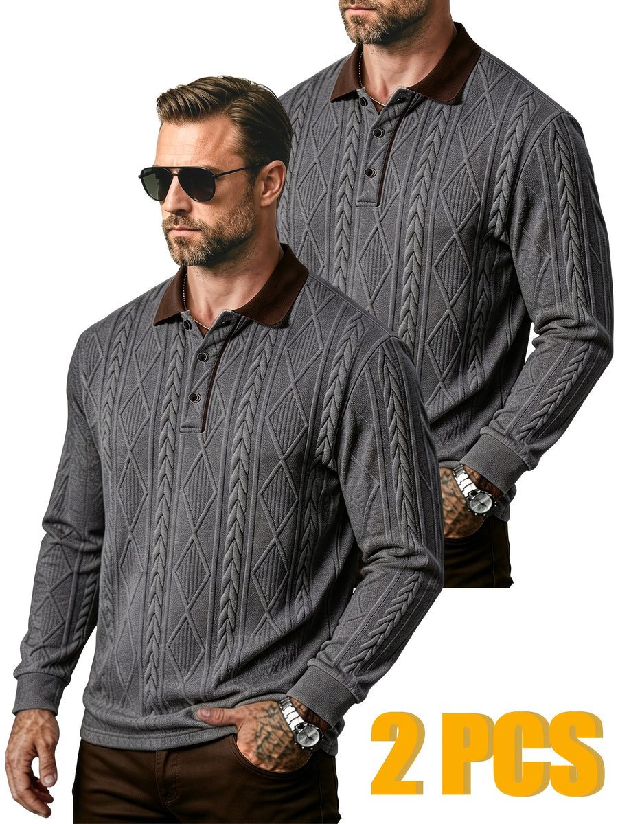 2pcs Men's Fashion Long-Sleeve Polo Shirt | High-End Contrast Color Lapel Jacquard Design T-Shirt | Essential Golf Polo Outfit | Breathable, Warm, Skin-Friendly, and Comfortable | for Indoor Gatherings and Outdoor Sports | Wardrobe Essential Casual - Gray + Gray