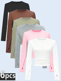 6pcs Women Solid Plain Crew Neck Long Sleeve T-Shirts, Trendy High Elastic Basic Undershirts, Versatile Daily Wear Tops - Black + Brown + White + Light Green + Light Pink + Light Gray