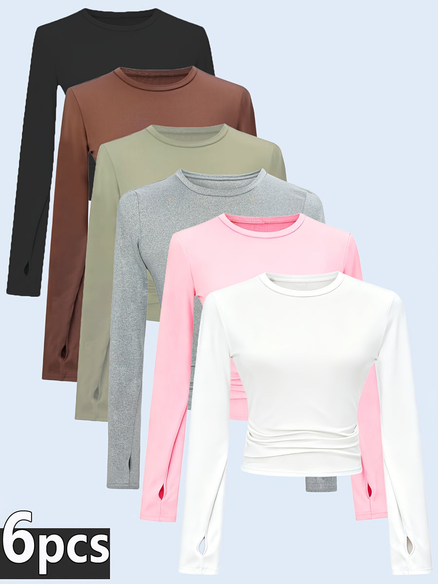 6pcs Women Solid Plain Crew Neck Long Sleeve T-Shirts, Trendy High Elastic Basic Undershirts, Versatile Daily Wear Tops - Black + Brown + White + Light Green + Light Pink + Light Gray