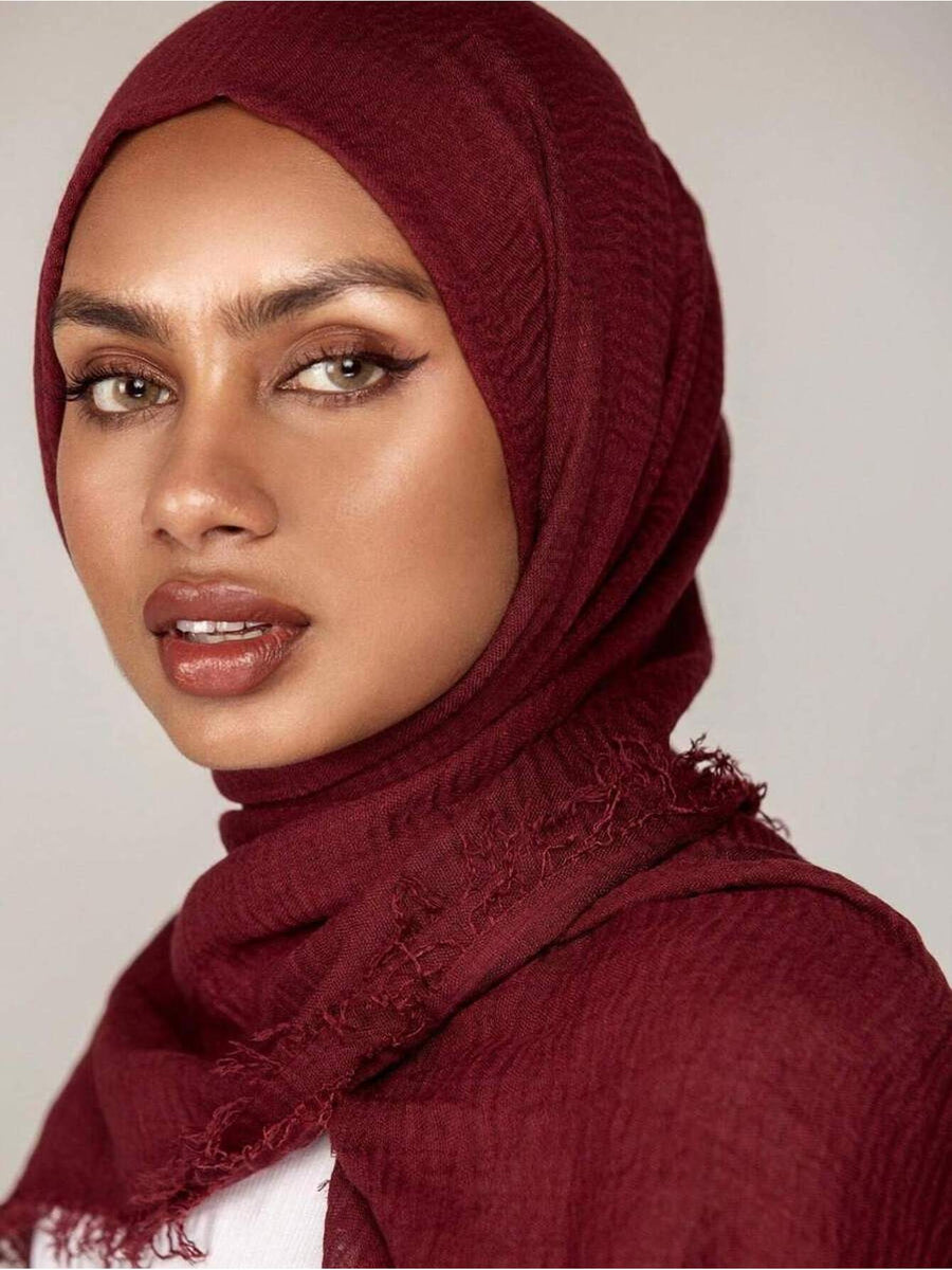 1pc Women'S Solid Pleated Basic Headscarf/Veil (Abaya Accessory), Muslim Prayer Scarf, Eid Anti-Slip Headscarf - Burgundy