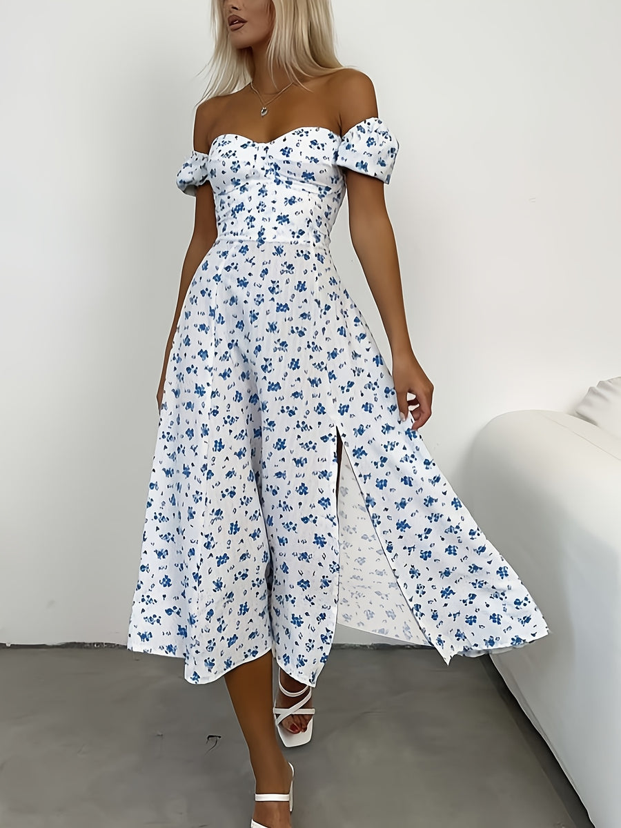 French-Style Dress - Heart-shaped Neckline with Puff Short Sleeves, Small Floral Print Design, Waist-Cinching High Slit for a Fresh and Gentle Look, Suitable for Dates, Vacations, Afternoon Tea, and Beach Photoshoots. +YYTT - Blue