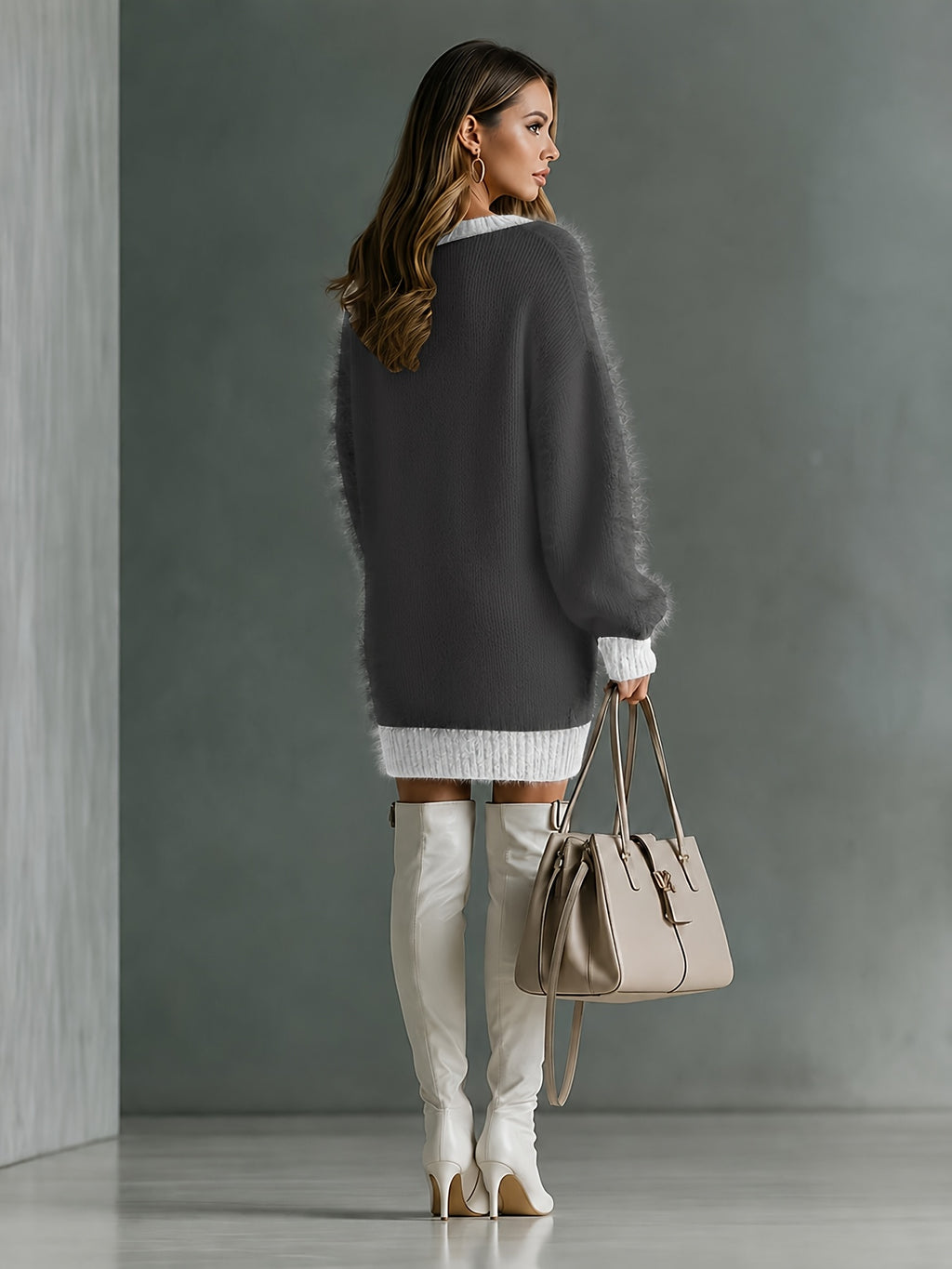 Women's Contrast Color Multi-Color Option Trimmed V-Neck Plush Fluffy Dress, Loose Long-Sleeve Pullover Dress, Autumn Winter Casual Lazy Short Dress, Suitable for Autumn and Winter Wear, Daily Classic Versatile Style - Dark Gray