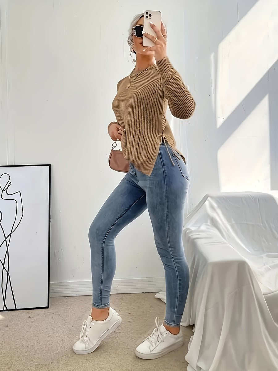 Women's Slim Fit High Elasticity Long-Sleeve Top. Details: Slit Hem Bow Design Knitted - Ribbed Crew Neck Elegant Women's Wear for Autumn/Winter, Casual Everyday Semi-Formal Mustard Yellow Machine-Washable 100% Solid Versatile Base Layer Shirt - Camel