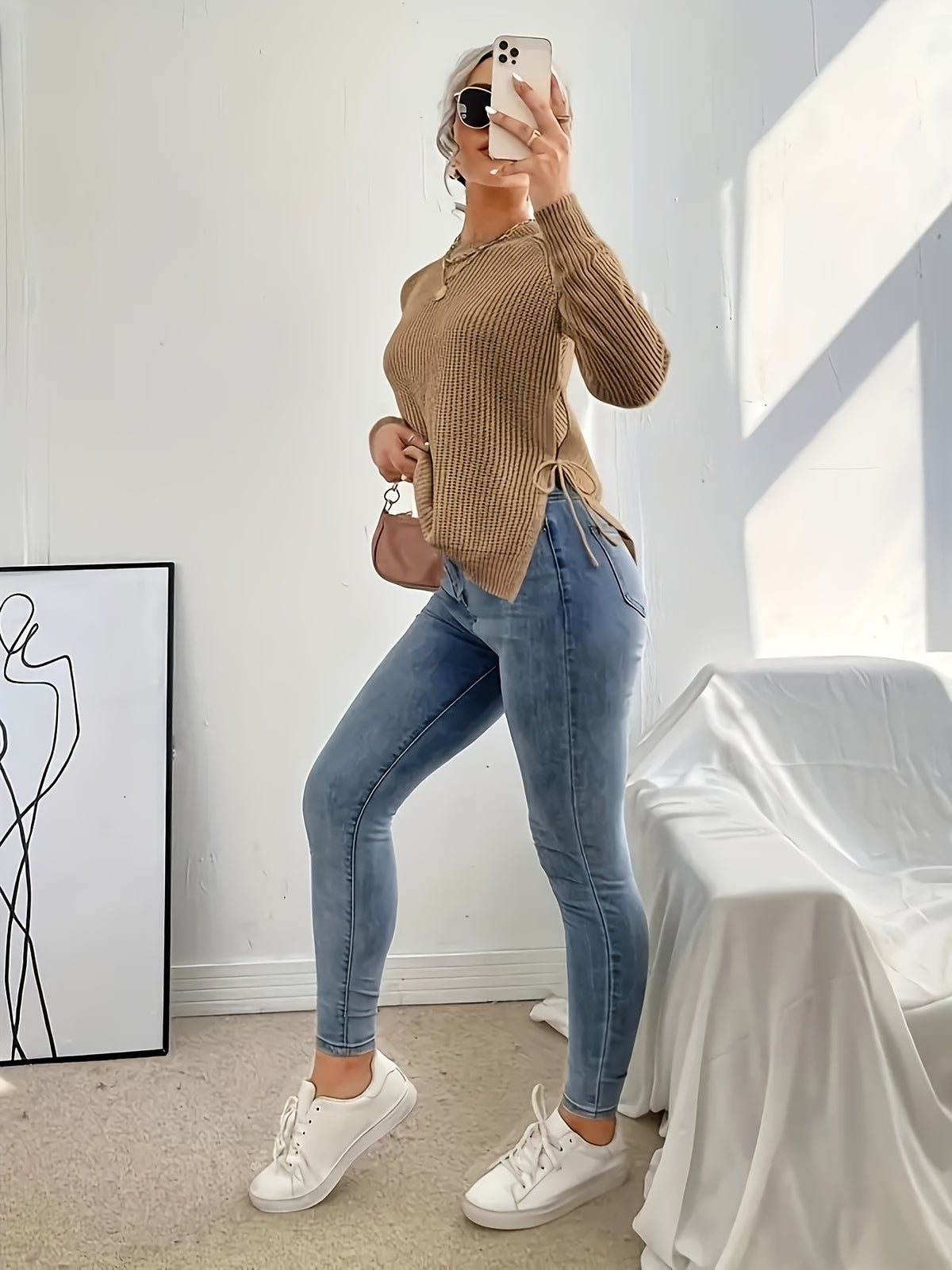 Women's Slim Fit High Elasticity Long-Sleeve Top. Details: Slit Hem Bow Design Knitted - Ribbed Crew Neck Elegant Women's Wear for Autumn/Winter, Casual Everyday Semi-Formal Mustard Yellow Machine-Washable 100% Solid Versatile Base Layer Shirt - Camel