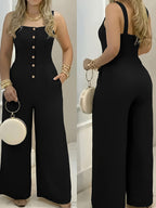 Elegant Lightweight Women'S One-Piece Jumpsuit, Sleeveless Square Neck Button Front Wide Leg Jumpsuit, Spring Summer Casual Trouser Suit for Mature Ladies, Comfortable Textured Fabric Jumpsuit with Pockets, Versatile Office & Everyday Wear Pants - Black