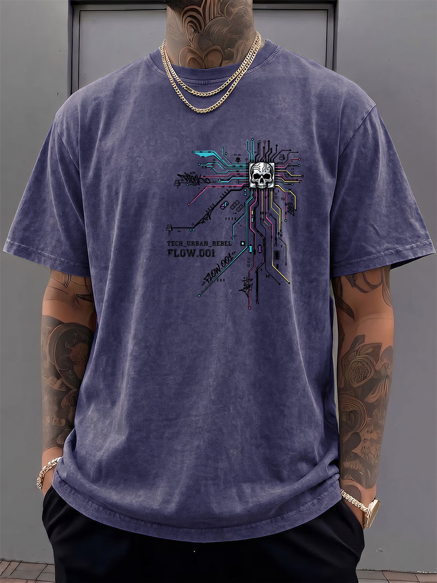 Men's Short-Sleeve T-Shirt, Pure Cotton, Loose Fit, Washed Distressed Circuit Board Skull Graffiti Print, Trendy Reversible Double-Sided Print, 12 Colors for Mix & Match, American Streetwear High Street Hip-Hop Top, for Daily Outings - Royal Blue