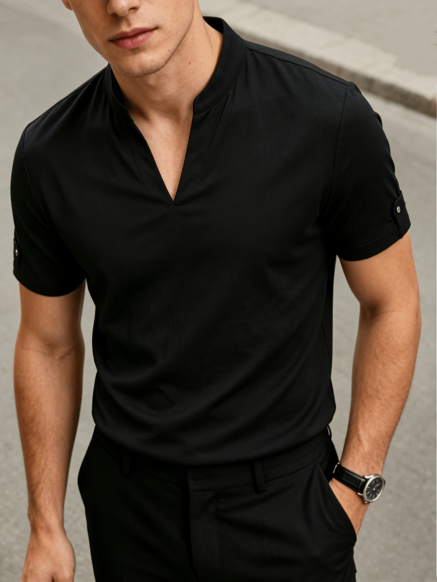 Men'S Stand Collar Short V-Neck Top, Lightweight Comfortable Solid Color Casual Shirt, Commute Easy Single Piece T-Shirt - Black