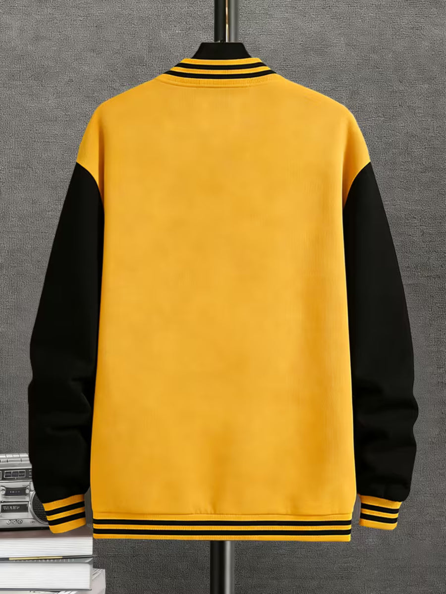Men'S Trendy Baseball Jacket - LA WEST COAST Pattern - Contrast Sleeve Style - Button Closure And Stretch Fabric All-Season Versatile Comfortable Outerwear - Ideal for Outings, Travel, Friends Gatherings, And Commuting, Loose Fit Machine Washable - Bright Yellow