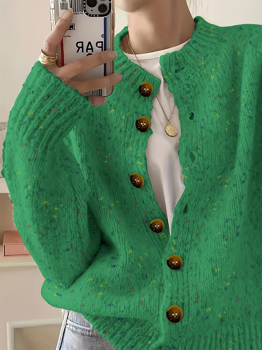 Women's Casual Colorful Button-front Cardigan with Soft Long Sleeves, Round Neck, Light-weight Fashion Candy-colored Dot Pattern, Casual and Elegant Garment | Stretch Fabric Cardigan Suitable for Casual Attire - Green
