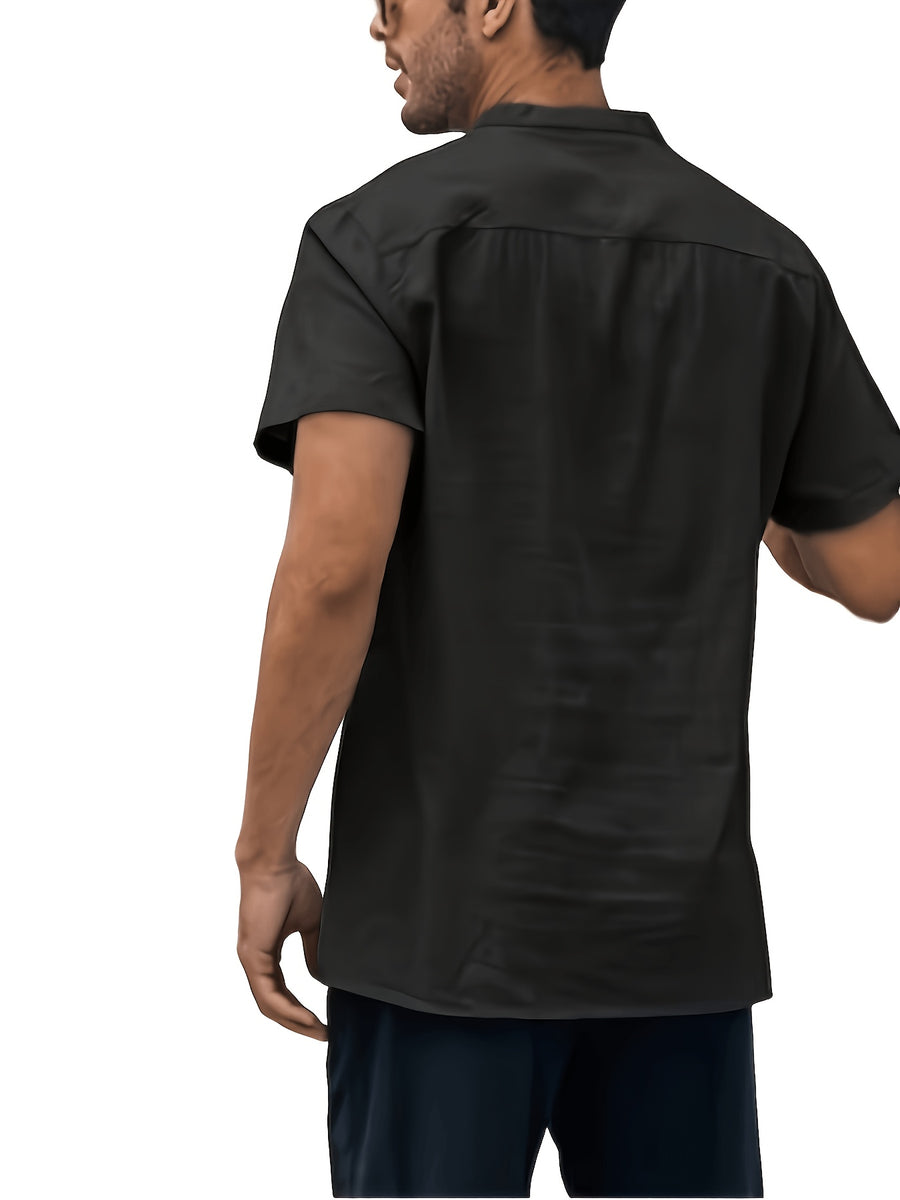 Men'S Summer Henley Collar Short Sleeve T-Shirt, Stand-Up Collar Casual Top, Breathable Linen, for Pool Parties, Beach Vacations, Ideal Choice for Beachwear Gifts - Black